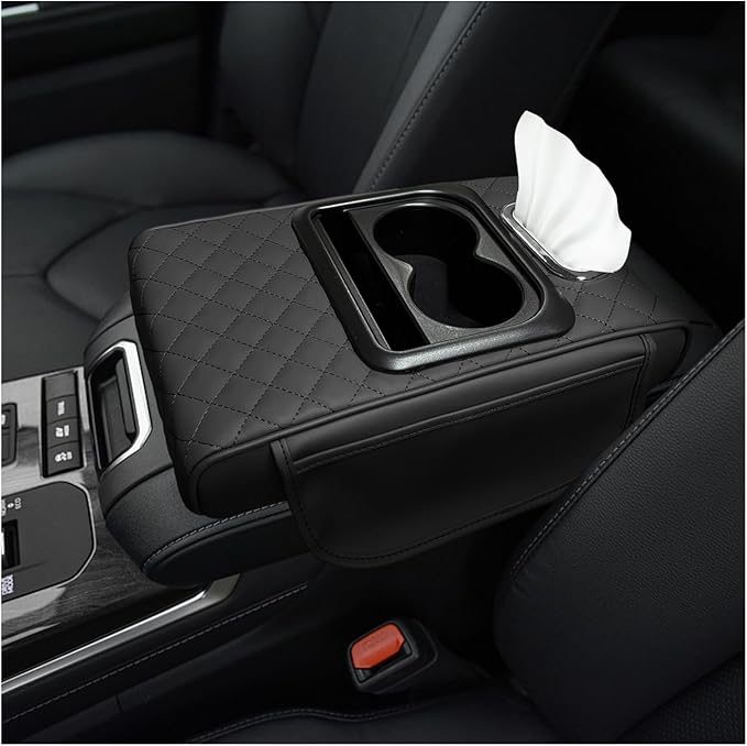 Car Center Console Armrest Pillow, Multifunctional Armrest Box Cover with Cup Phone Tissue Holder & Side Pockets, Waterproof Leather Middle Console Cushion for Most Vehicles (Black, Embroidered)