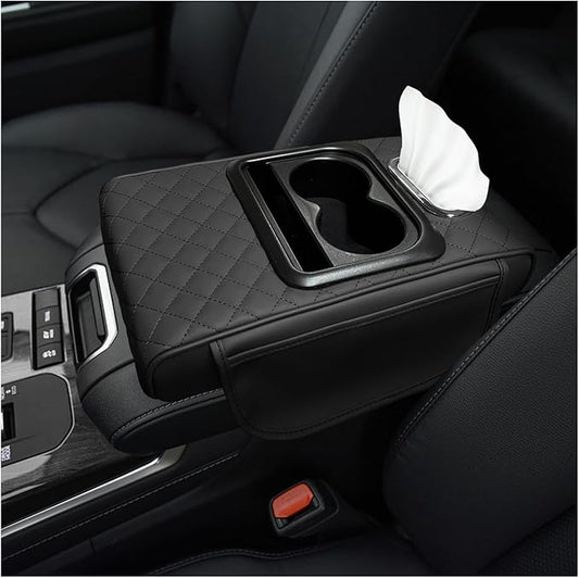 Car Center Console Armrest Pillow, Multifunctional Armrest Box Cover with Cup Phone Tissue Holder & Side Pockets, Waterproof Leather Middle Console Cushion for Most Vehicles (Black, Embroidered)