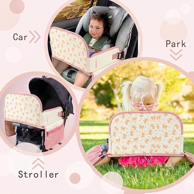 MENZOKE Kids Travel Tray for Toddler Car Seat, Toddler Travel Activities for Girl with iPad Holder Stand & Storage Pockets, Road Trip Essentials Accessories Lap Tray as Birthday Gift, Beige & Pink