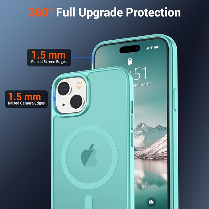 SUPFINE Magnetic for iPhone 15 Case (Compatible with MagSafe) (Military Grade Drop Protection) Slim Translucent Matte Shockproof with Anti-Fingerprint Phone Case, Blue Green