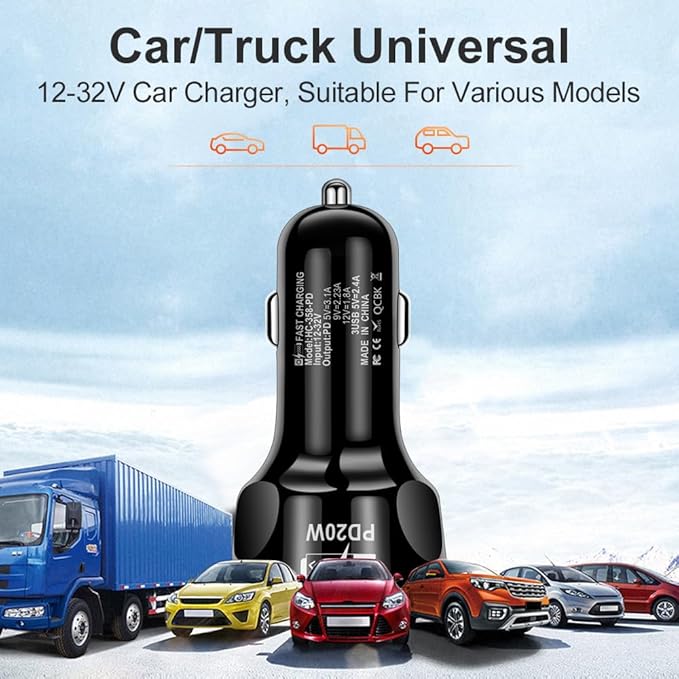 4 Port USB Fast Charging Cigarette Light Car Charger 3 * 2.4 A USB/ 1 PD20W LED Light Compatible with Tablets Cameras iPhone 14 13 12 11 Pro Max X XR XS Samsung Galaxy Series Google Pixel Android/iOS