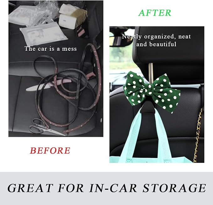 2 PCS Car Seat Headrest Hooks, Cute Bow Shaped Vehicle Backseat Storage Hooks, Leather Bow Shaped Sturdy Car Seat Back Hooks for Purses/Coats/Umbrellas, Car Accessories (Green Dot)