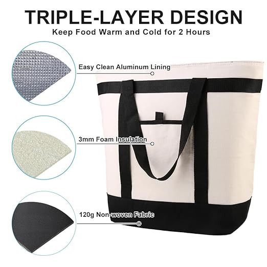 CIVJET Insulated Cooler Bag, Tote Bag for Grocery Shopping, DIY Your Creative Designs, Cooler Bags Insulated, Pizza/Food Delivery Bag to Keep Cold/Hot (Purified Cotton, Non-Waterproof, Beige