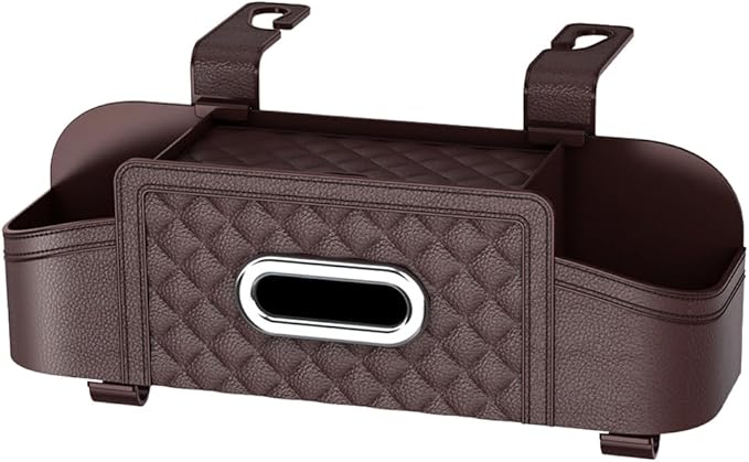 Car Backseat Organizer, 4-in-1 Multifunctional Vehicle Seat Back Tissue Box with Cup Holder & Hook, Automotive Backseat Hanging Storage Box for Bag Phone Drink, Universal for Vehicles (Brown)