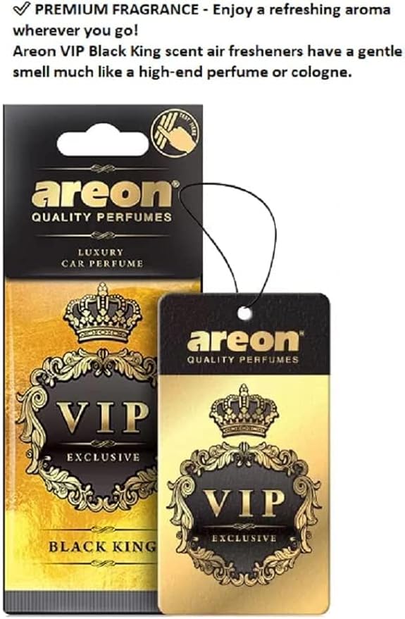 AREON VIP - Hanging Cardboard Air Freshener for Car, Home & Office - Premium Cologne Perfume with Natural Fragrances - Long Lasting, Fresh, Luxurious Scent - Stylish Design - Black King, Pack of 3