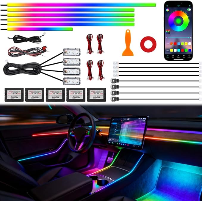 Acrylic Interior Car Ambient Lighting, Interior RGB LED Strip Kit with Music Sync Mode, 55 Inch Length Suitable for Pickup, Trucks, SUV and Large Vehicles (18 in 1)