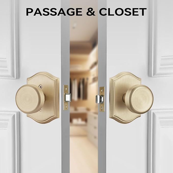 Interior Pismo Doorknobs for Hall, Gold Door Knobs with Camelot Trim, Satin Brass Door Knob with Lock