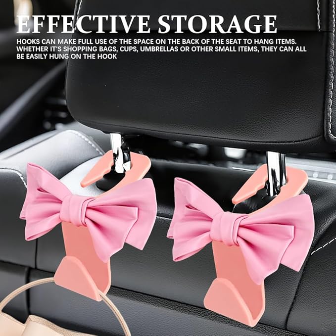 2PCS Car Purse Hooks, Car Hooks for Purses and Bags Cute, Cute Bow Shaped Vehicle Backseat Storage Hanger, Auto Leather Bow Back Seat Storage Hanging Holder Universal for Women Girls (Pink)