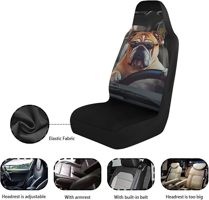 Soft Front Car Seat Covers Bulldog and Cat Full Wrapping Edge Premium Polyester Seat Covers Universal Automotive Seat Cushion Covers for Sedan,Vans,Trucks