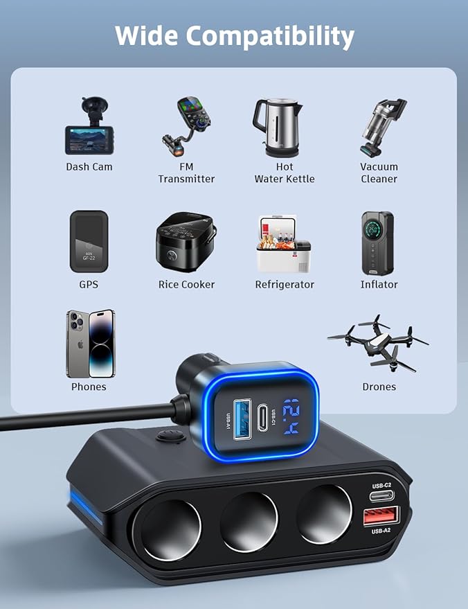7 in 1 Cigarette Lighter Splitter, SONRU 180W (max 192W) 3-Socket Car Cigarette Lighter Adapter with Dual PD 36W/QC3.0 Fast Charging (3.7FT Cable) 12V/24V Independent Switches & LED Voltage Display