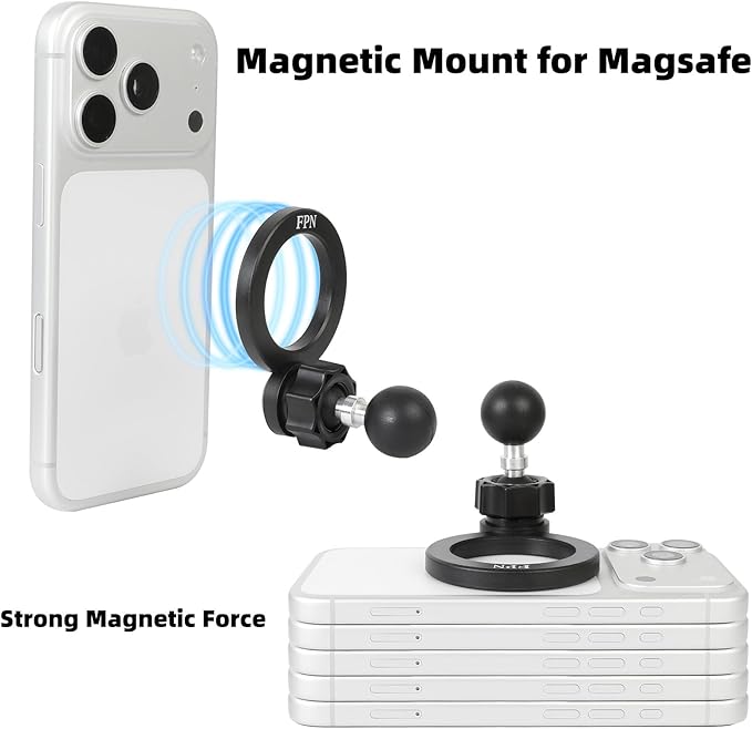 Magnetic Phone Holder Base for RAM Mounts, 1" (25mm) Ball Mount for Magsafe- Long Aluminum B Size Double Socket Arm, Compatible with iPhone 17/16/15/14/13/12 Series