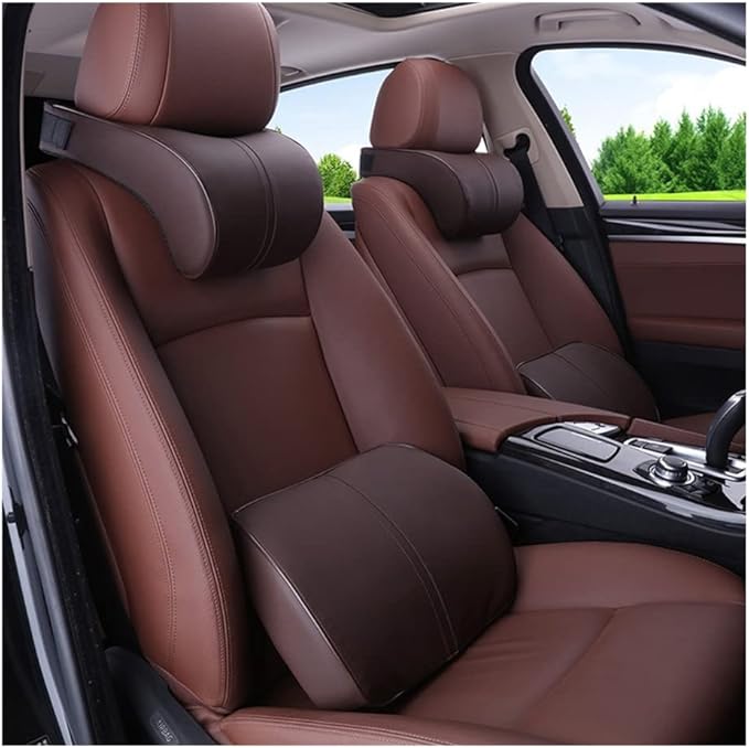 ZLOHPAE Car seat Lumbar Support Pillow and car Neck Support Pillow kit, Soft Leather Surface and high-Density Memory Foam are Ergonomic car seat Pillows (Brown)