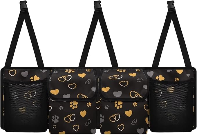 Hanging Car Trunk Organizer, Car Back Seat Storage with 4 Pockets Universal Detachable Car Accessories for SUV Hatchback Crossover Minivan (Dog Paw Print Love Heart Design)