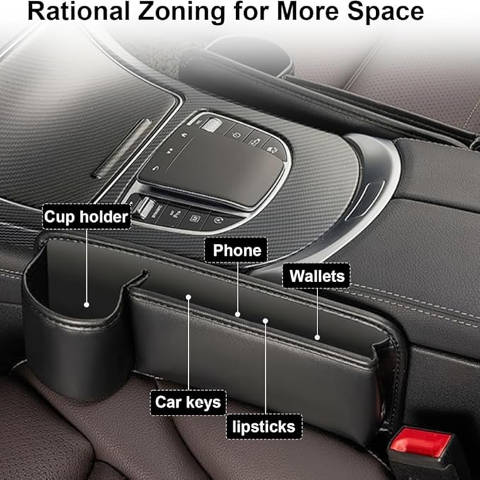 Car Seat Gap Filler Organizer with Cup Holders, Seat Gap Storage Box for Drinks, Phones, Keys, Sunglasses, Cards, and Small Essentials (Beige, Passenger Seat)