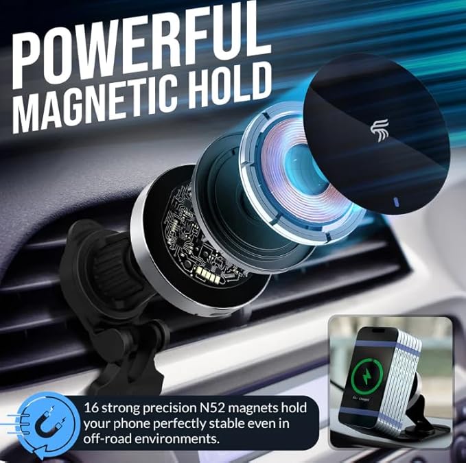 Magsafe Car Mount Charger | Magnetic Phone Charger for Car | 3 Mounts | Max Stability | 360° Rotation | Compatible with Magsafe Phone Case | Fits iPhone 16/15/14/13/12