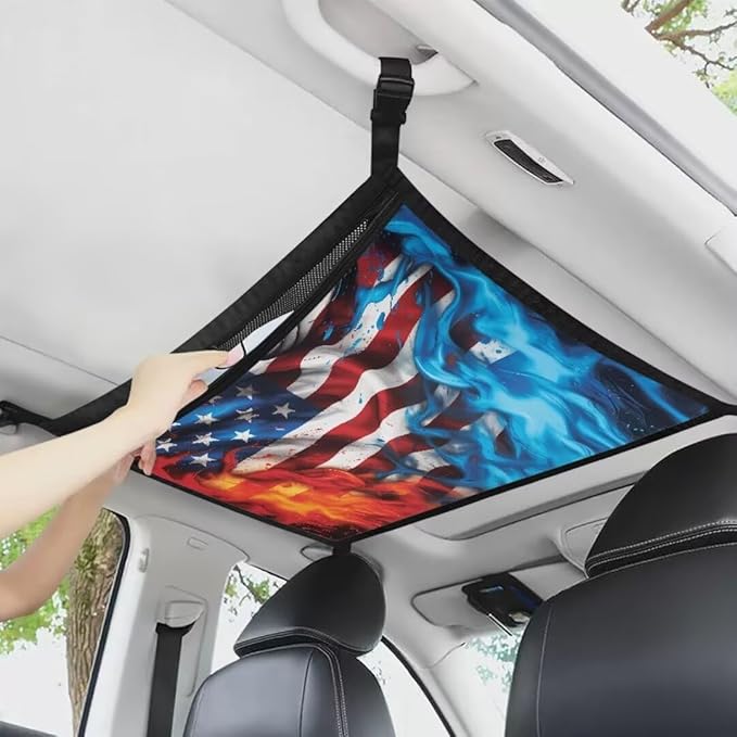 Fire USA Flag Car Roof Storage Bag Car Organizer for Car Seat Multi-Purpose Car Bag Storage Box Organizer Pouch Pocket Can Hold Mobile Phone, Wallet, Glasses