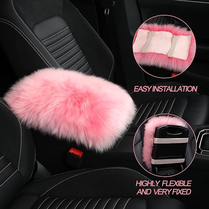 LLB Auto Center Console Cover Pad Universal Fit for SUV/Truck/Car, Genuine Sheepskin Wool Fur Car Armrest Seat Box Cover, Furry Fluffy Auto Armrest Cover Protector (Pink)
