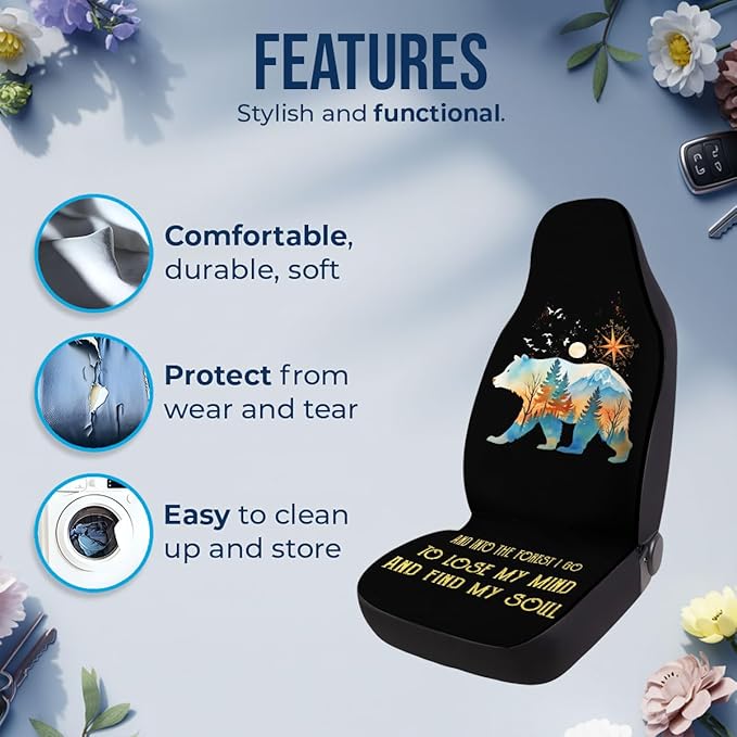 GENANY Camping Themed Car Seat Covers Set of 2, Wildlife Bear Breathable Front Seat Covers for Truck Sedan SUV, Bear Car Accessories, Hiking Themed Gift for Women Men