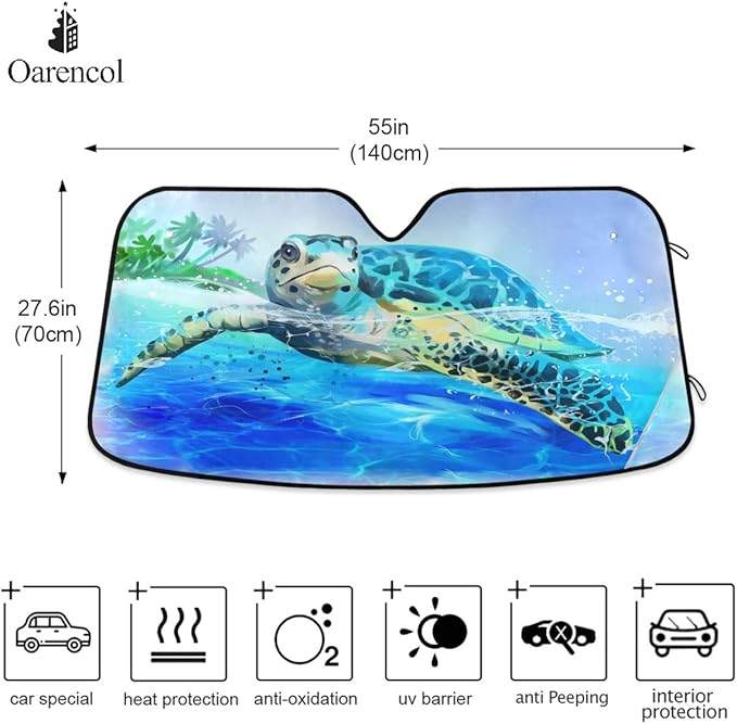 Sea Turtle Car Windshield Sun Shade Watercolor Beach Ocean Animal Foldable UV Ray Sun Visor Protector Sunshade to Keep Your Vehicle Cool (55" x 27.6")