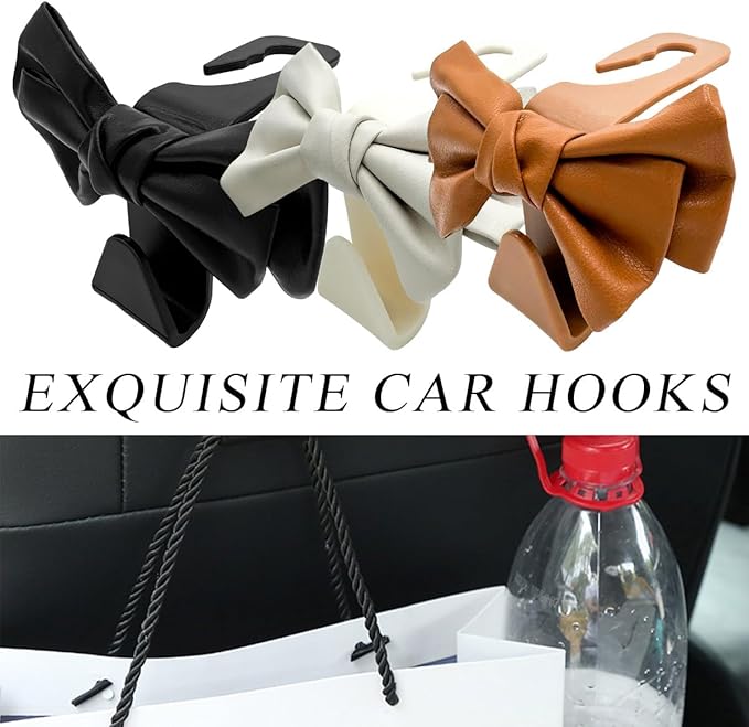 2 PCS Car Seat Headrest Hooks, Cute Bow Shaped Vehicle Backseat Storage Hooks, Leather Bow Shaped Sturdy Car Seat Back Hooks for Purses/Coats/Umbrellas, Car Accessories (Brown)