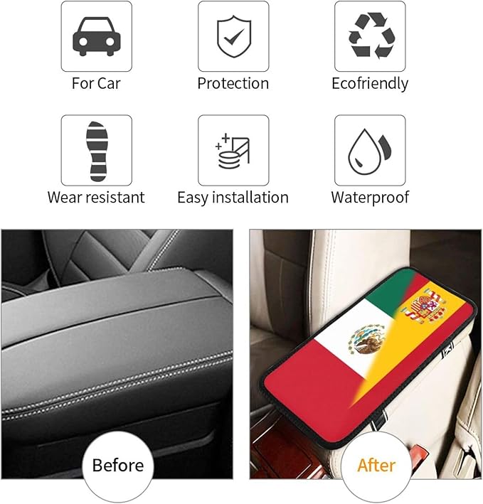 Spanish Spain Michoacan Mexico Mexican Flag Auto Center Console Armrest Cover Car Handrail Box Cushion Pad Mat Universal Fit Most Vehicle Sedan Truck SUV Soft Comfort Decor Accessories