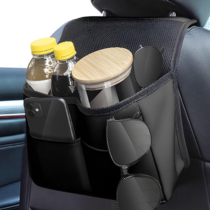 Car Back Seat Organizer, Waterproof PU Leather Car Hanging Storage Bag, Multipurpose Front & Backseat Car Seat Storage Organizer, Universal Interior Car Accessories for Most Vehicles (Black)