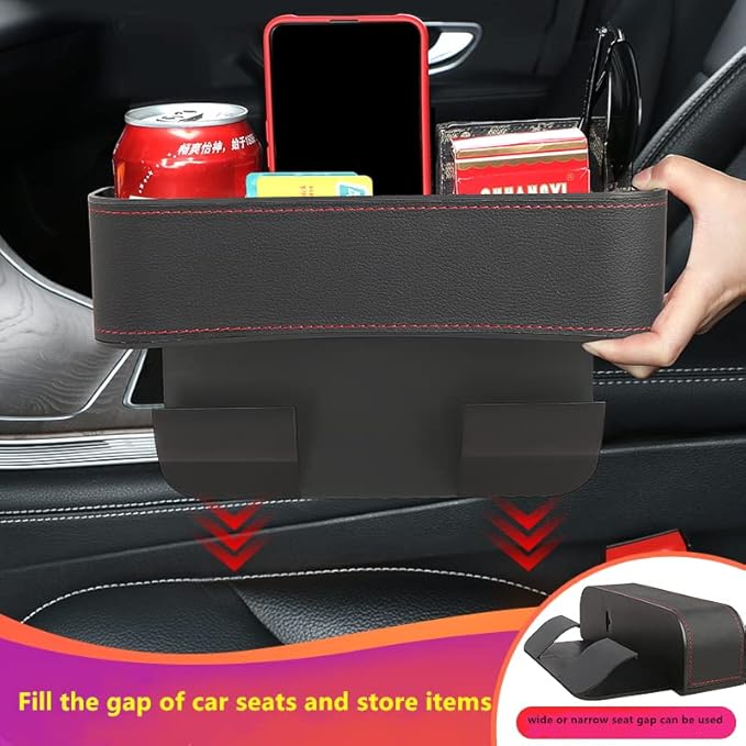 Car Seat Gap Filler Organizer, Car Organizer Front Seat, Pack Auto Console Side Storage Box with Cup Holders,Car Organizers and Storage for Holding Phone, Sunglasses, Wallet 1PC(black&red line)