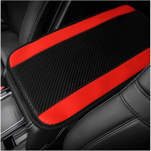 Car Center Console Pad, PU Leather Auto Armrest Seat Box Cover Protector, Comfortable Arm Rest Storage Box Mat for Vehicle Interior Protection, Universal Car Accessories (Carbon Fiber Red)