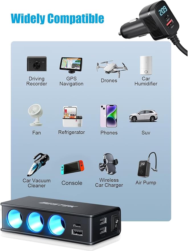 BESTEK 9 in 1 Cigarette Lighter Splitter 148W 3-Socket Car Cigarette Lighter PD30W and 4 USB-A QC3.0 18W with LED Display 12V/24V Cigarette Lighter Adapter for Dash Cam, GPS, iPad/Laptop/Phone