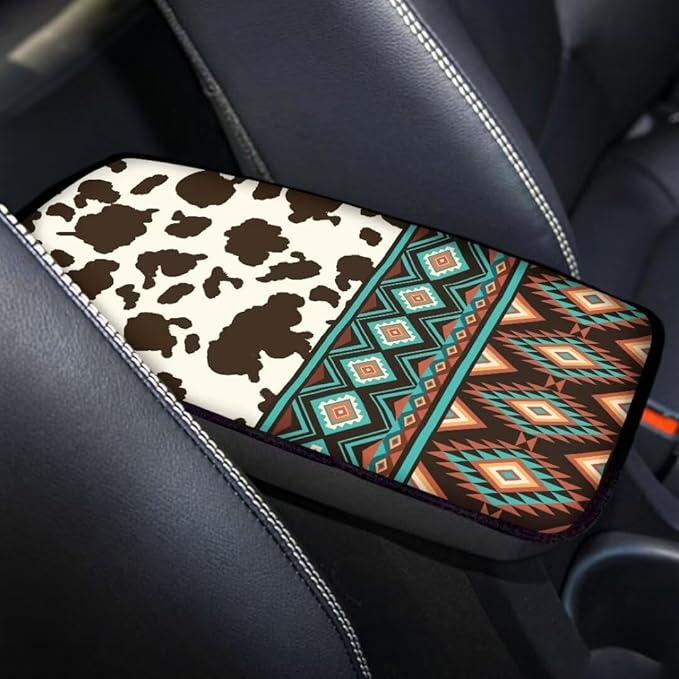 Coldinair Brown Cow Car Center Console Pad Ethnic Aztec Soft Armrest Protector Cover Fit for Most Vehicle,SUV,Truck,Washable