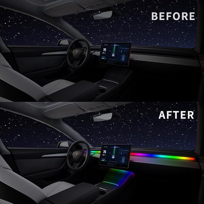for Tesla Model 3 Y RGB Dreamcolor LED Neon Light Kits Dashboard Ambient Lighting Interior Lights 2025 2024 2023 2022 2021 Accessories Accessory, App & Remote & USB Hub, DC 12V