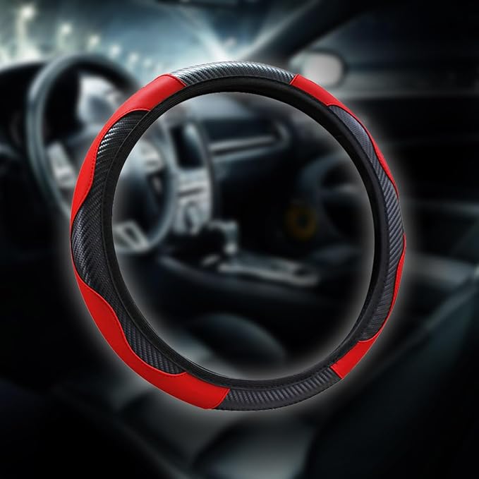 15 inch Car Steering Wheel Cover, Carbon Fiber Microfiber PU Leather Elastic Steering Wheel Protector for Men Women, Anti-Slip Breathable Car Interior Accessories (Red)