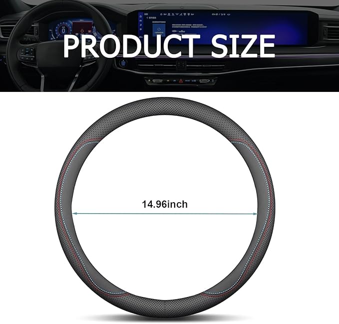 1 PC Car Steering Wheel Cover, Ultra-Thin Soft Leather Steering Wheels Accessories, 15" Round Breathable Car Wheel Cover, Universal Interior Accessories for Most Cars (Black&Red)
