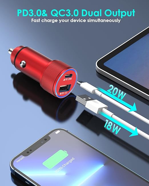 iPhone 14 Car Charger,【Apple MFi Certified】2Port 38W Fast USB C Car Charger Adapter Quick Charge Dual Port Metal Cigarette Lighter with 2Pack Lightning Cable for iPhone 14 13Pro Max Mini/12/11,AirPods