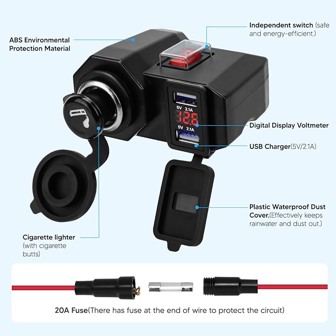 BlueFire 5V/2.1A Dual USB Charger Socket Waterproof Motorcycle Handlebar Clamp Power Adapter Charger USB Charging System with Cigarette Lighter Socket and Voltmeter for Phones/Tablets/GPS