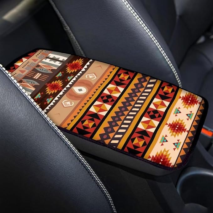 Coldinair Southwest Indian Aztec Car Armrest Cover,Auto Center Console Pad,Soft Seat Box Cover Protector Cushion,Car Accessories Decor for Most Cars,Sedan,Truck,SUV