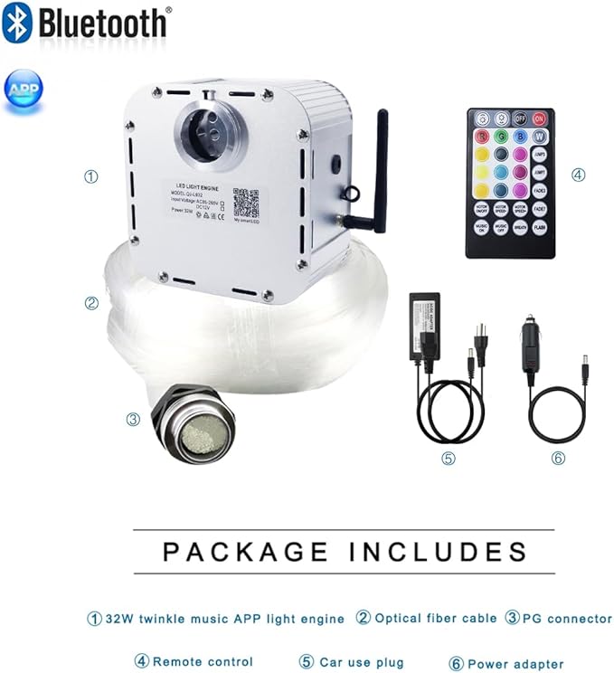 AKEPO 32W RGBW Twinkle APP Fiber Optic Lights Kit Music Activated Star Ceiling Sky Light, with 800pcs of 16.4ft/5m Mixed Dia. (0.75+1+1.5mm) Optical Fiber Cable and Crystals for Car & Media Room Decor