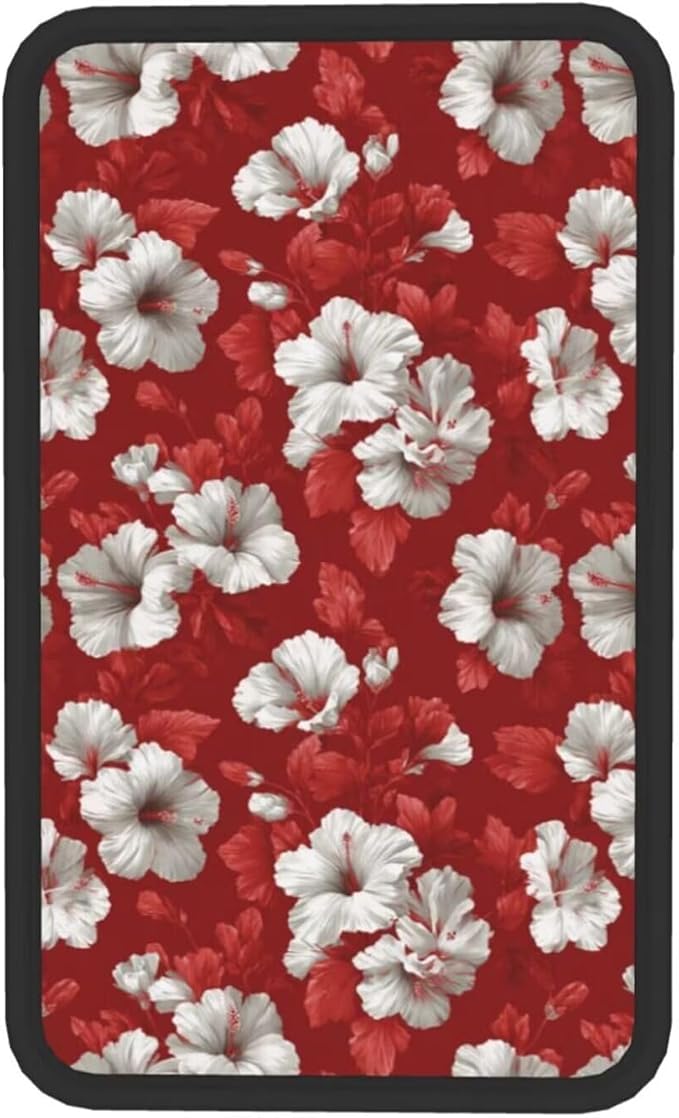 Red Hibiscus Center Console Armrest Cover Tropical Floral Middle Console Covers Seat Box Lid Protective Cover Cushion Pad SUV Van Sedans Truck Accessories Hawaiian Leaf Arm Rest Pads