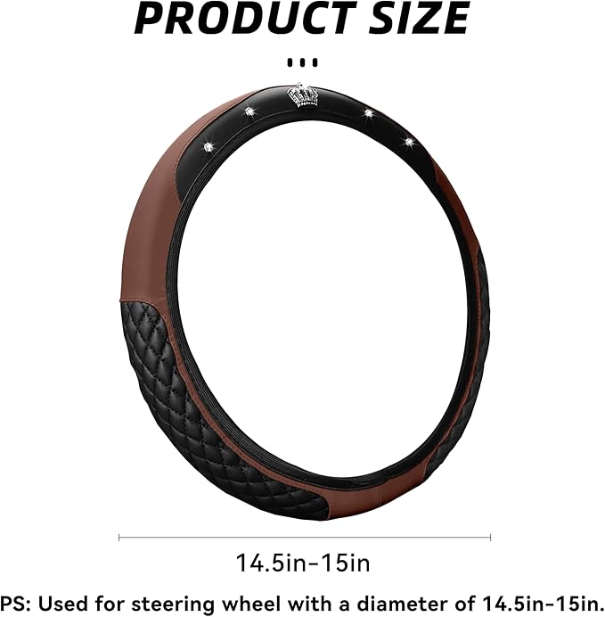 Bling Car Steering Wheel Cover, Diamond Leather Crystal Rhinestones Vehicles Steering Wheel Protector, Sparkling Anti-Slip Automotive Interior Decoration Accessories, Universal Fit (Brown)