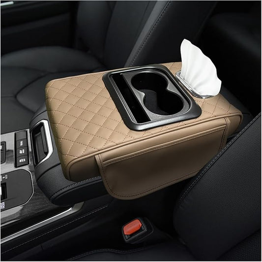Car Center Console Armrest Pillow, Multifunctional Armrest Box Cover with Cup Phone Tissue Holder & Side Pockets, Waterproof Leather Middle Console Cushion for Most Vehicles (Beige, Embroidered)
