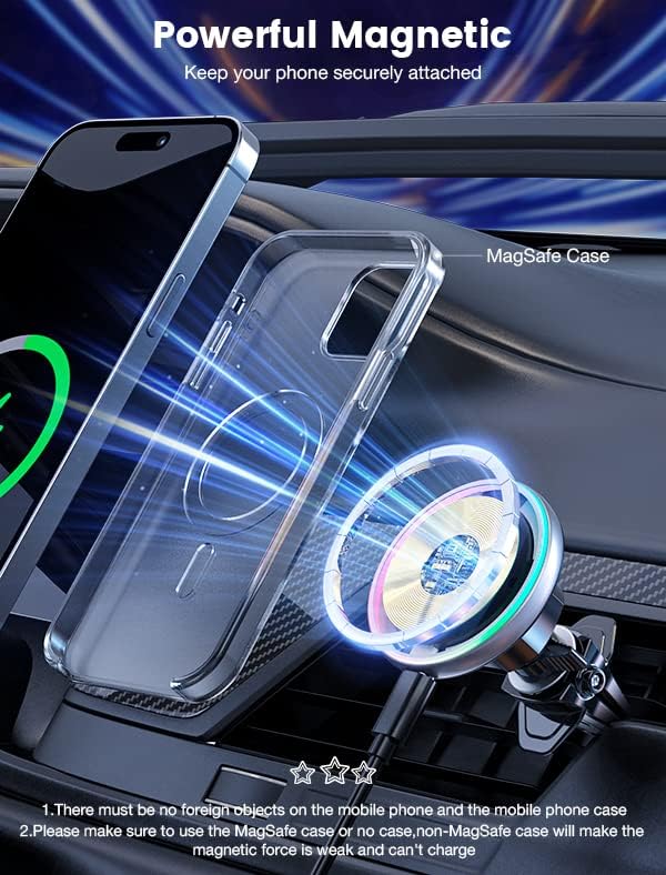 MOKPR for Magsafe Car Mount Charger-Wireless Car Charger-Magnetic Car Phone Holder for Dash Air Vent-LED RGB HandsFree Car Mount Fast Car Charger for iPhone 16 15/14/13/12 Series with QC 3.0 Adapter