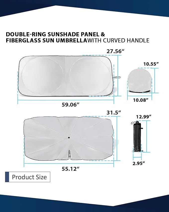 Retractable Windshield Sun Shade for car Windshield Sun Shade,99% UV Blocking,Long-Frequency and Short-Frequency Demand,Small(Sunshade 59.06"x27.56",Umbrella 55.12"x31.5")