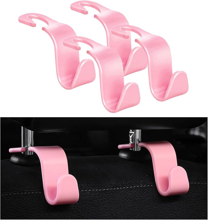 Ziciner 4 PCS Car Seat Headrest Hooks, Backseat Hangers Storage Organizer, Universal Car Accessories for Purse Grocery Bags Coats (Pink)
