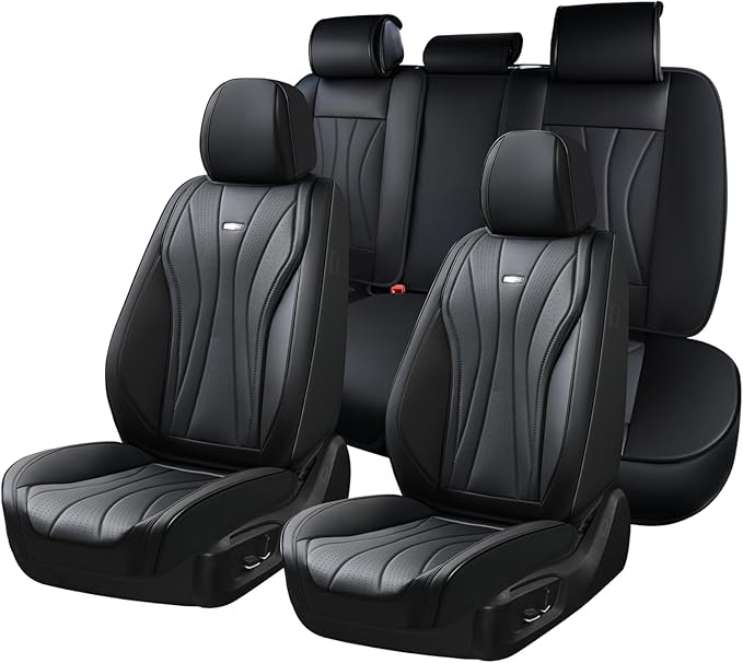Coverado Car Seat Covers, 5 Seats Black Seat Covers for Car, Luxury Faux Leather Seat Cover, Front and Back Seat Cover, Waterproof Car Seat Protector, Universal Car Seat Cushions Fit for Most Vehicles
