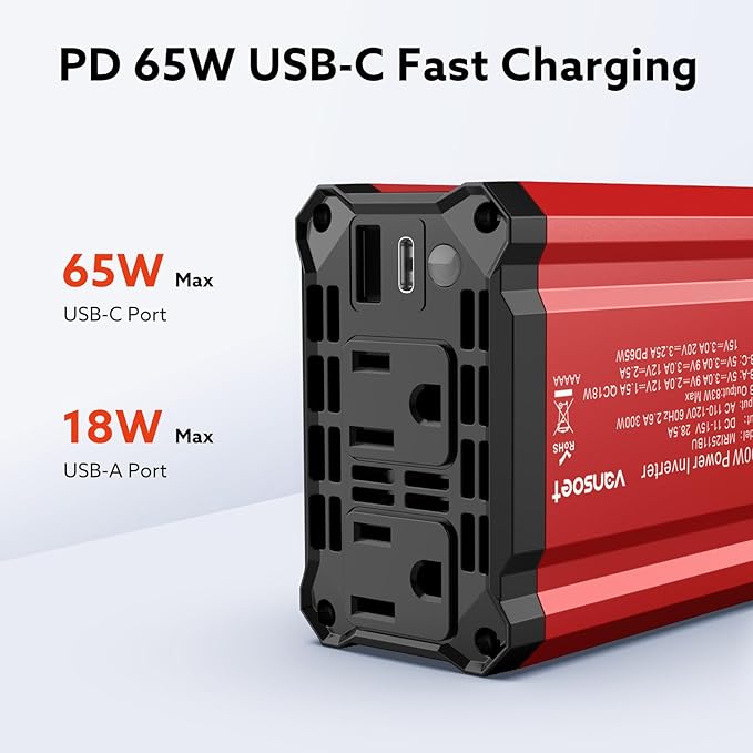 300w Power Inverter DC 12V to AC 110V - vansoet Car Plug Adapter Outlet with 3.4A Dual USB Fast Charging Port - Car Charger Cigarette Lighter Adapter for Phone, Laptop on Road Trip (Red-65)