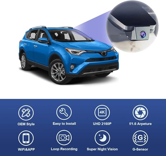 Fitcamx 4K Dash Cam Suitable for Toyota RAV4 2017 2018 (Part No Ends with #42080 or 42090), OEM Factory Look, UHD 2160P Video, Built-in WiFi & APP, Loop Recording, G-Sensor, Plug & Play, 64GB Card
