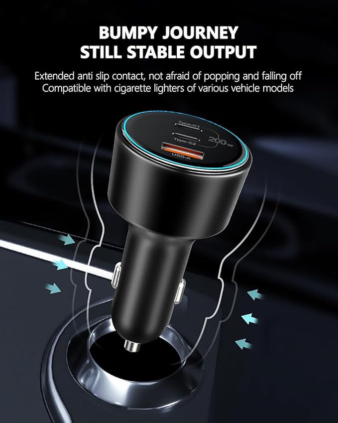 200W Car Charger, USB C Car Charger PD3.0 QC4.0 PPS Fast Charging Car Adapter with 2 100W USB C Cable 3 Port Type C Cigarette Lighter for Dell XPS, MacBook, iPhone 16 15 14, Galaxy S24 Ultra, iPad Pro