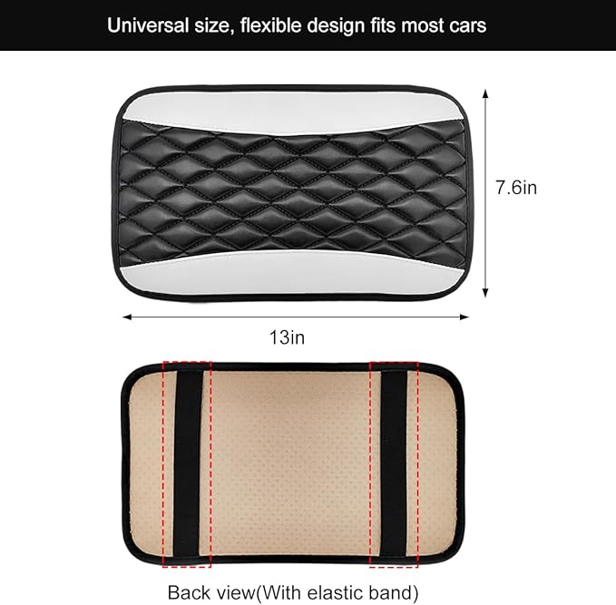Car Center Console Cushion Pad, 12.6 × 7.48 Inches Waterproof Car Armrest Seat Box Cover, PU Leather Armrest Cover Protector for Most Vehicle, Universal Car Interior Accessories (White)