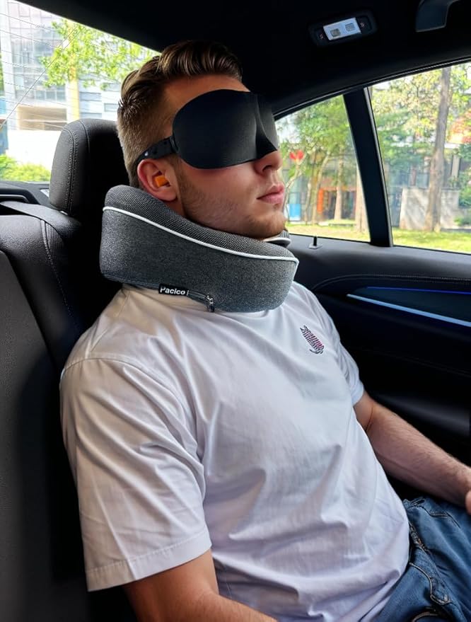 Travel Pillow 100% Pure Memory Foam Neck Pillow, Sleeping Pillow for Car, Train and Airplane, Travel Kit with 3D Contoured Eye Masks and Earplugs (Dark Gray)