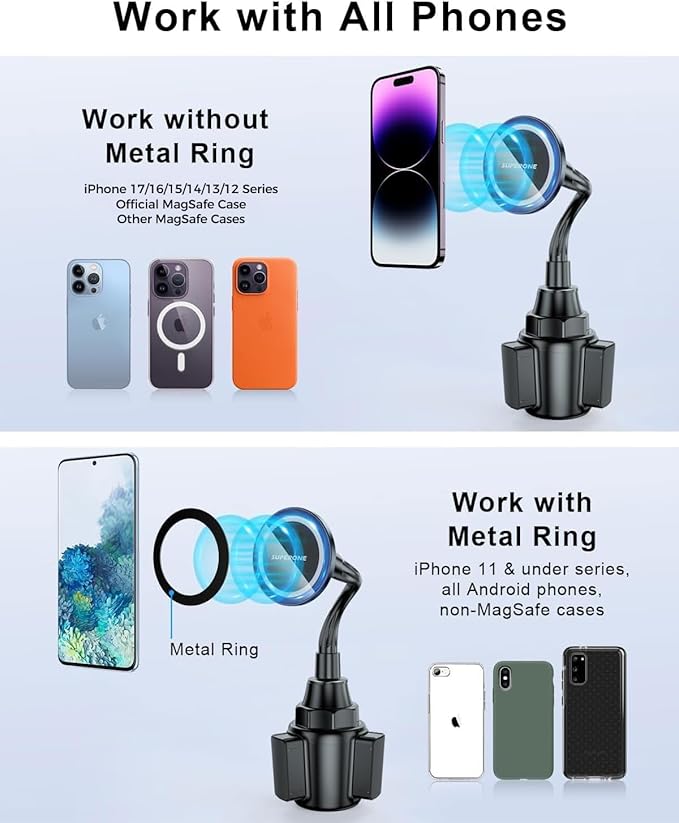 SUPERONE for Magsafe Cup Holder Phone Mount,Universal Cup Phone Holder For Car,Wireless Magnetic Car Mount with Adjustable Neck & 360°Rotation for iPhone 17 16 15 14 13 12Pro Max,Samsung & Smartphones